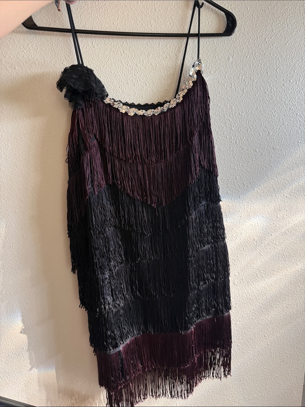 Fringe Slip Mini Dress with Sequin Trim - Black & Burgundy